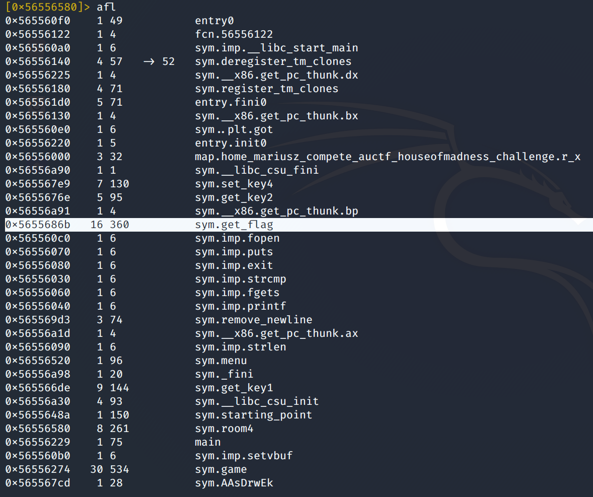 Function listing of House of Madness binary, with get_flag highlighted.