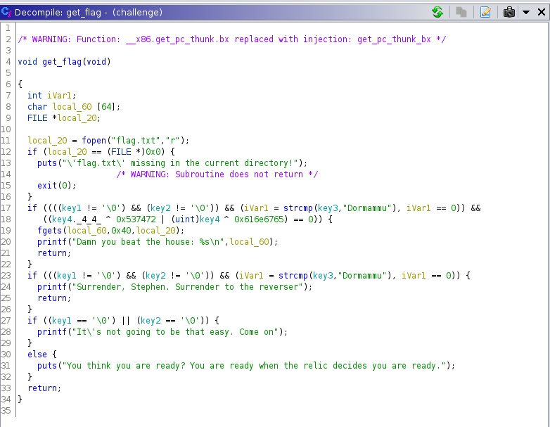 Decompiled get_flag through Ghidra.