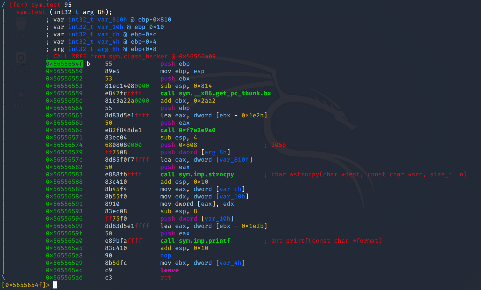 Disassembly of teh test function in the Remote School binary