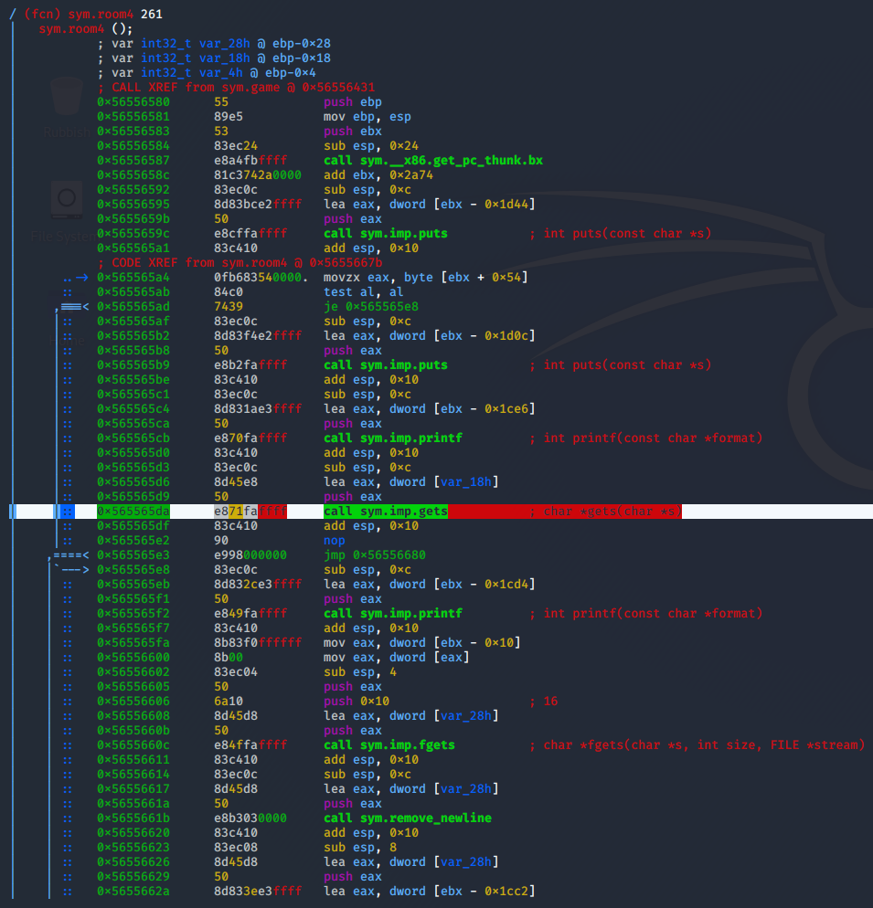 Disassembly of room4 function in House of Madness binary, showing a call to gets.