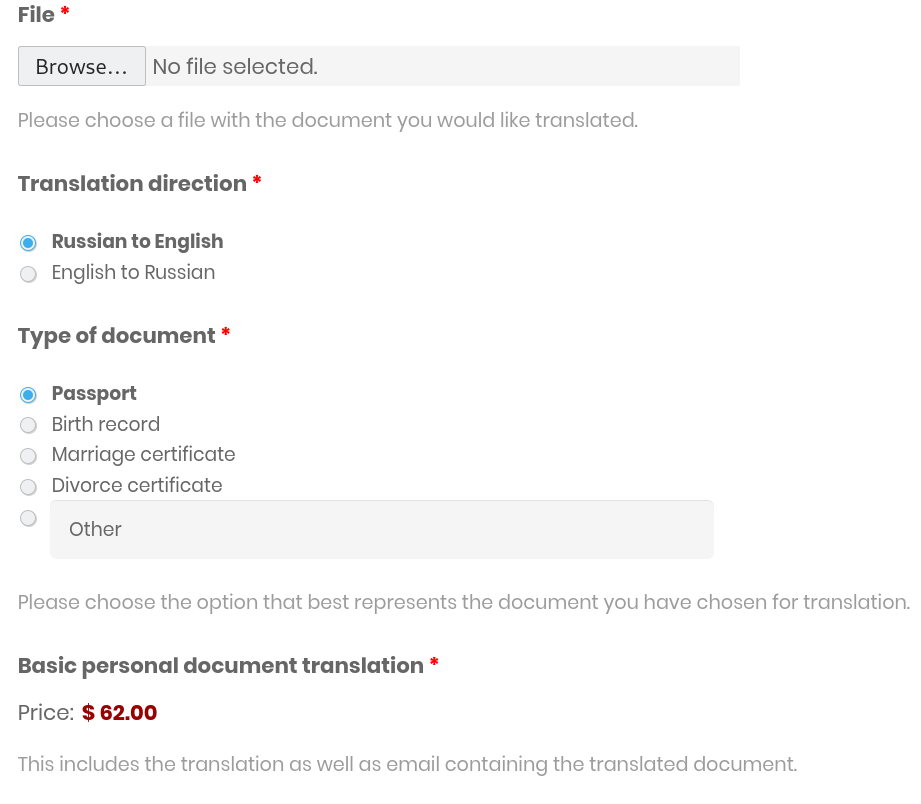 Screenshot of Bystro, showing an online form to fill in translation details